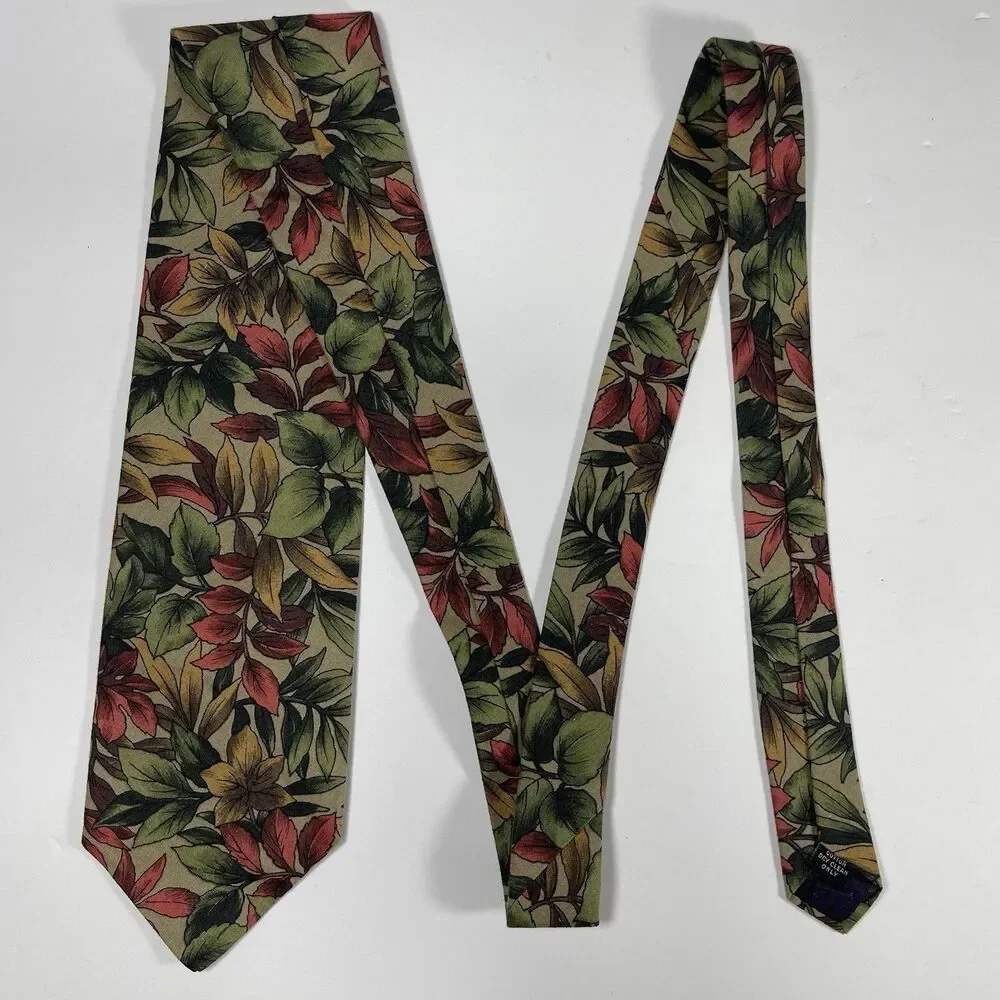 Vtg 417 by Van Heusen Mens Tie Cotton Floral Leaf Botanical Earth Tones Made USA